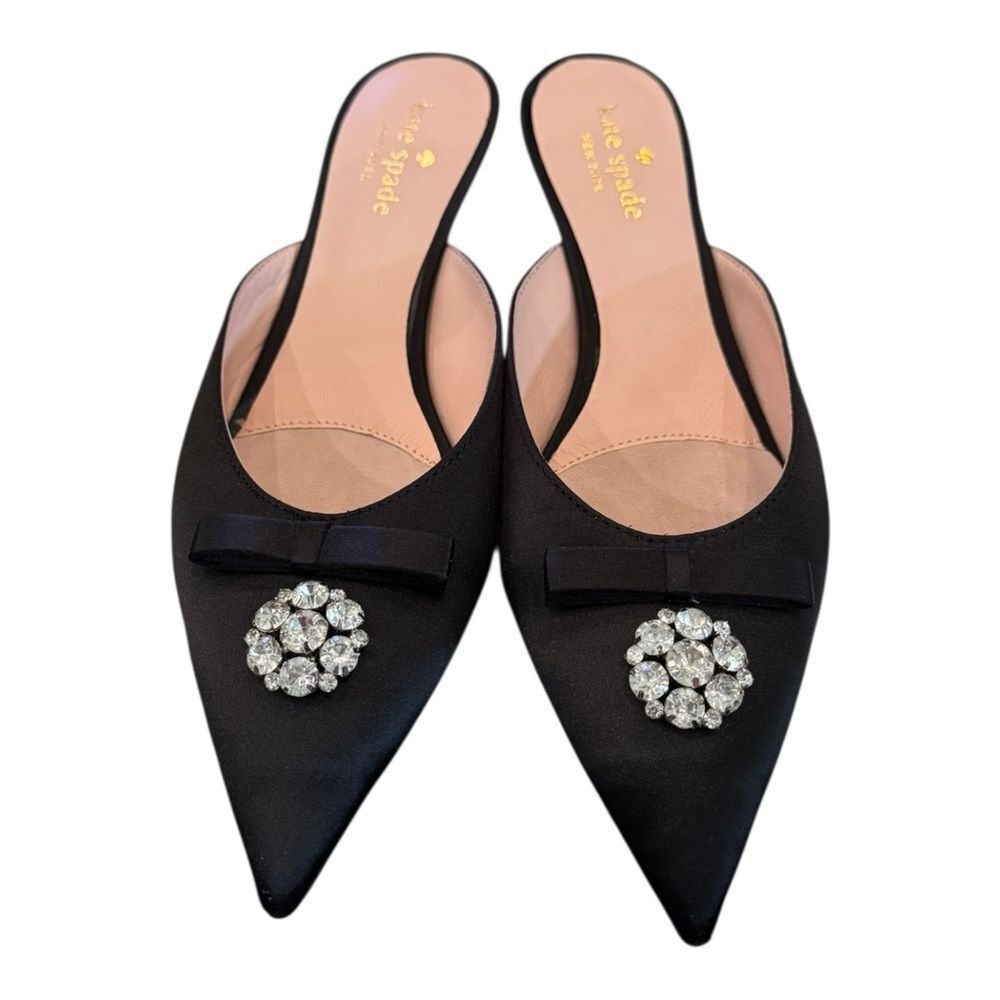 Kate Spade Women's Darlene Black Satin Jewelled Bow Kitten Heel Slide Mules 7.5 - Picture 5 of 8